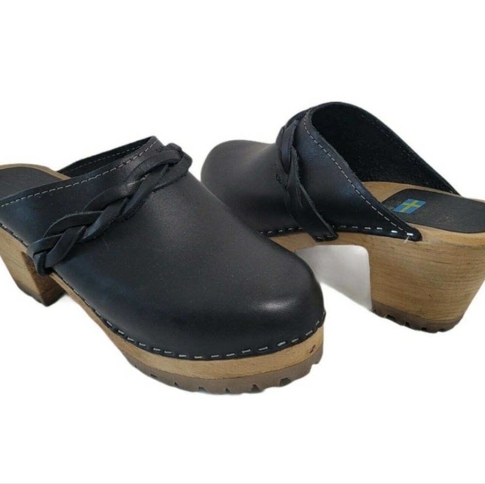 MIA Alma Swedish Clogs Mules Black Leather Slip On